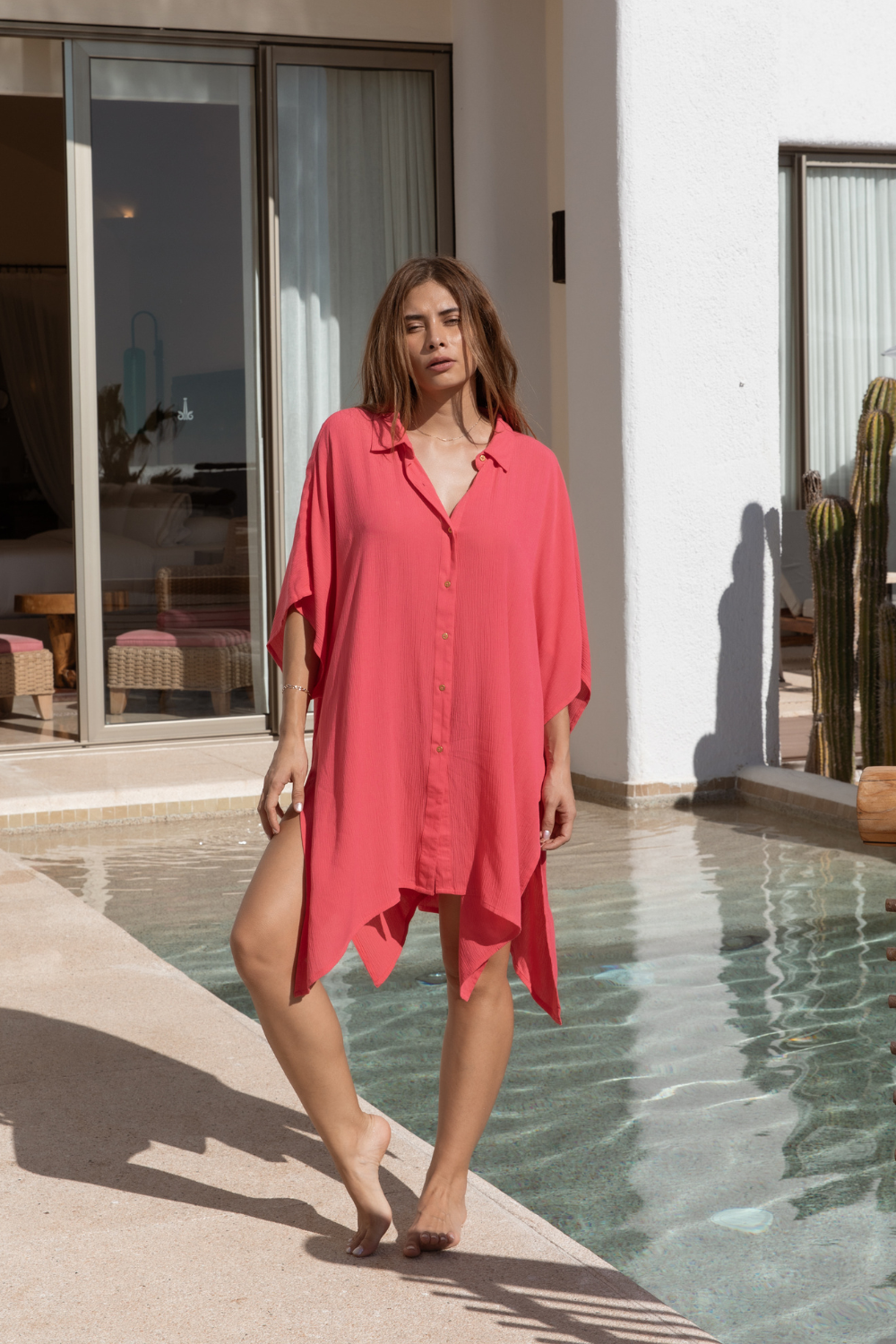 Miami Big Shirt Button Up Dress in guava pink worn in cabo mexico