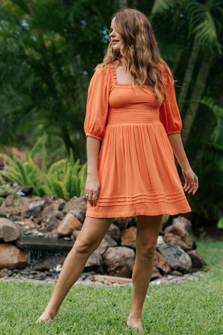 Miami Smocked Mini Dress in orange coral punch