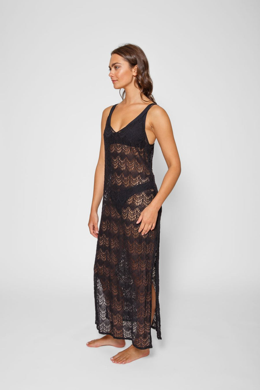 Robe midi à bretelles en dentelle transparente flamenco