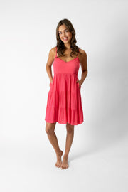 koy resort women's miami tiered strappy mini dress in guava pink color