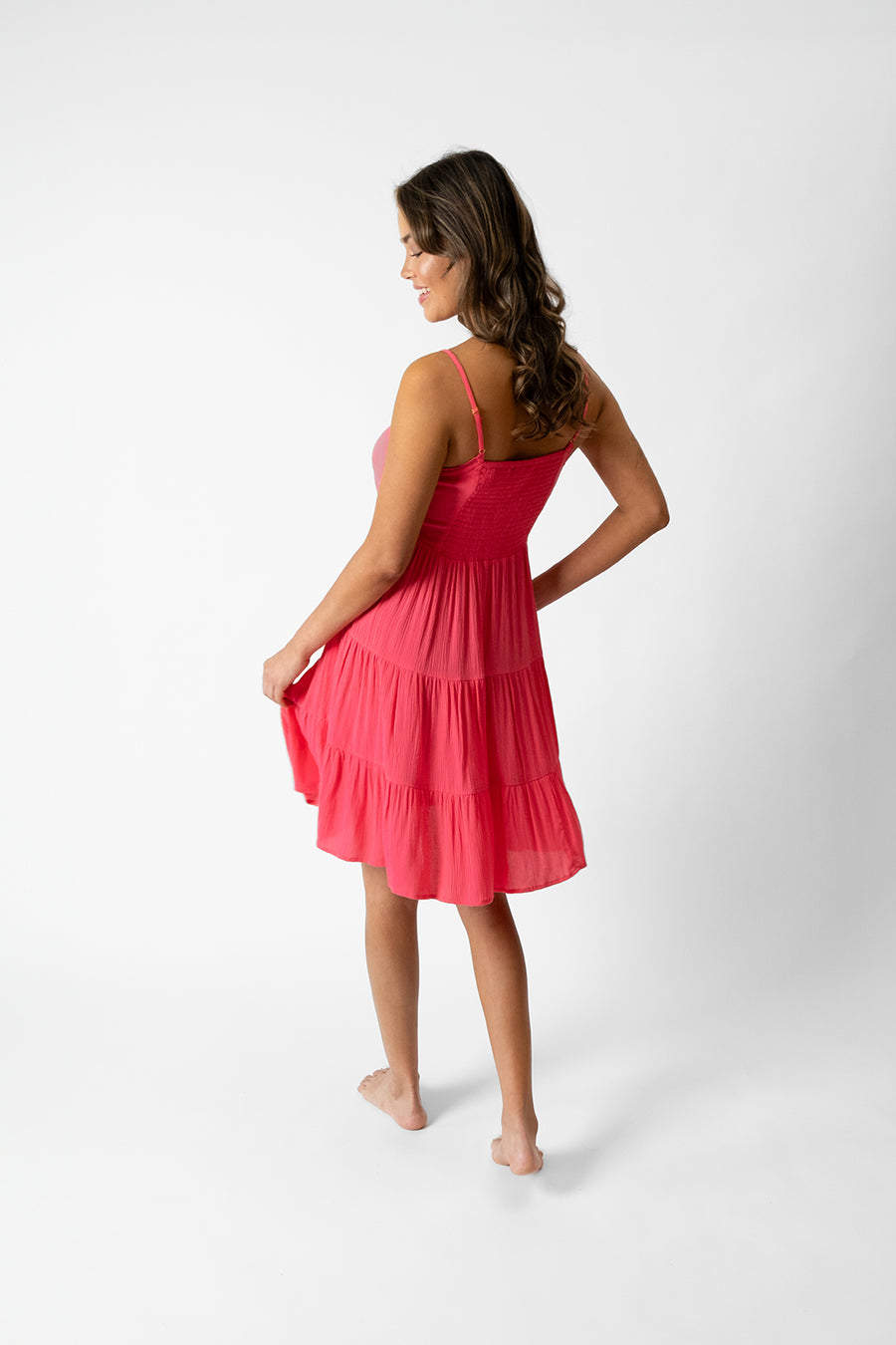 koy resort women's miami tiered strappy mini dress in guava pink color