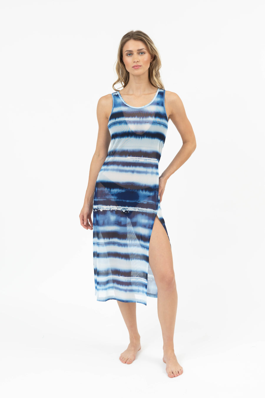 Escape Mesh Asymmetrical Slip Midi Tank Dress