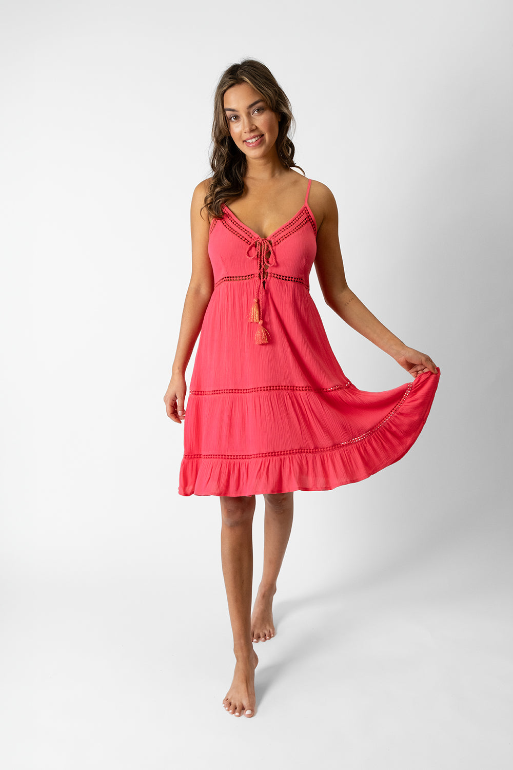 koy resort miami luxe strappy v-neck dress in guava pink for spring 2024 womens fashion collection