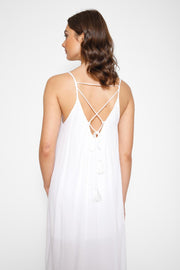 Brunette model facing back close up, wearing White Miami Side Slit Strappy Midi Dress with a loose and flowy fit, side slits, white lining, and adjustable cord at the back. Made from breezy rayon fabric for an effortless and fashion-forward look. Koy Resort affordable vacation, cruise, and resort-wear.