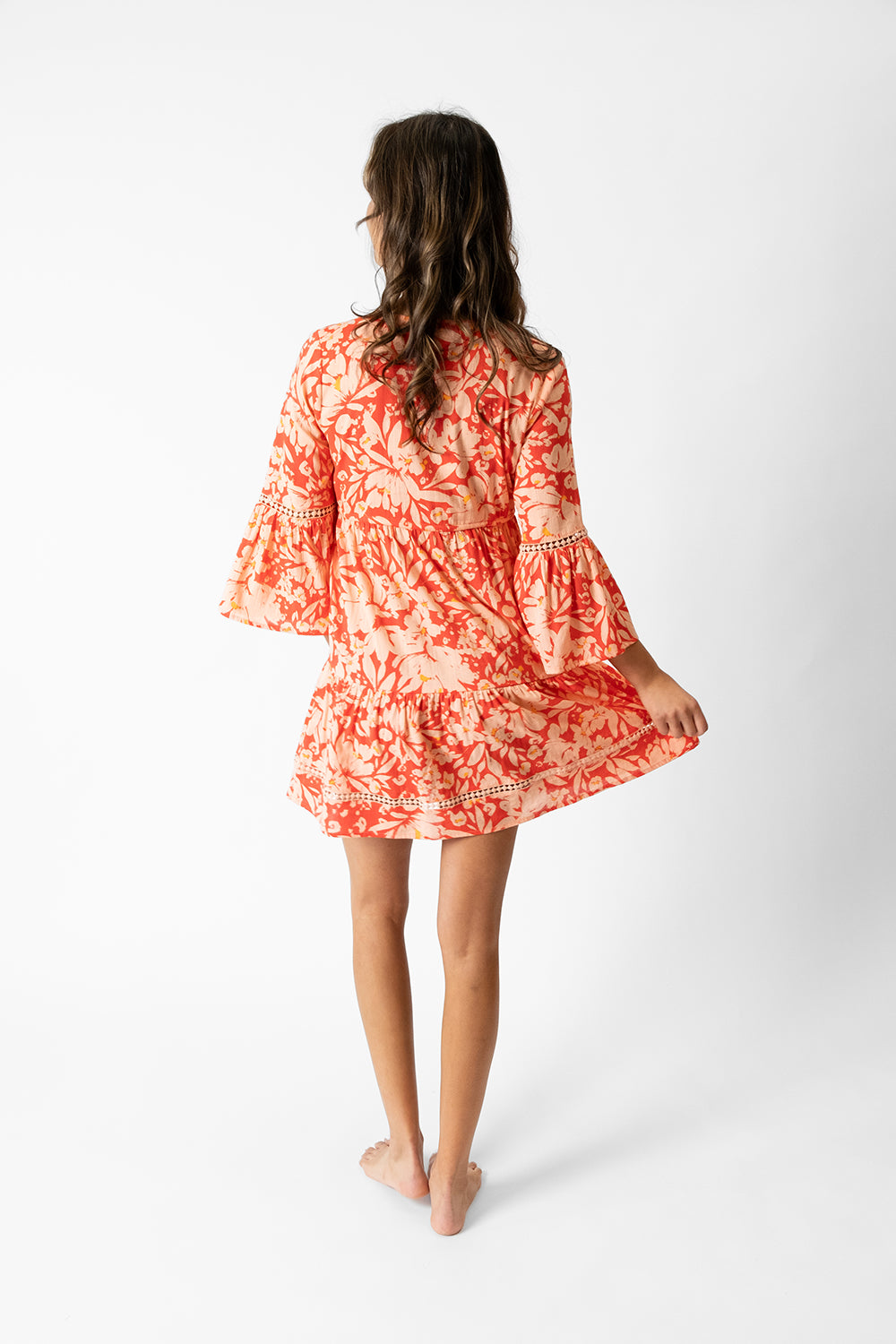 Valencia Tiered Bell Sleeve Dress in pink floral print 