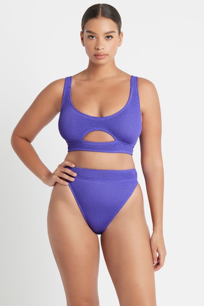Bond-eye bound collection savannah bathing suit bottom in crinkle spandex, color is acid purple. available exclusively online at Koy Resort summer 2023 shop 