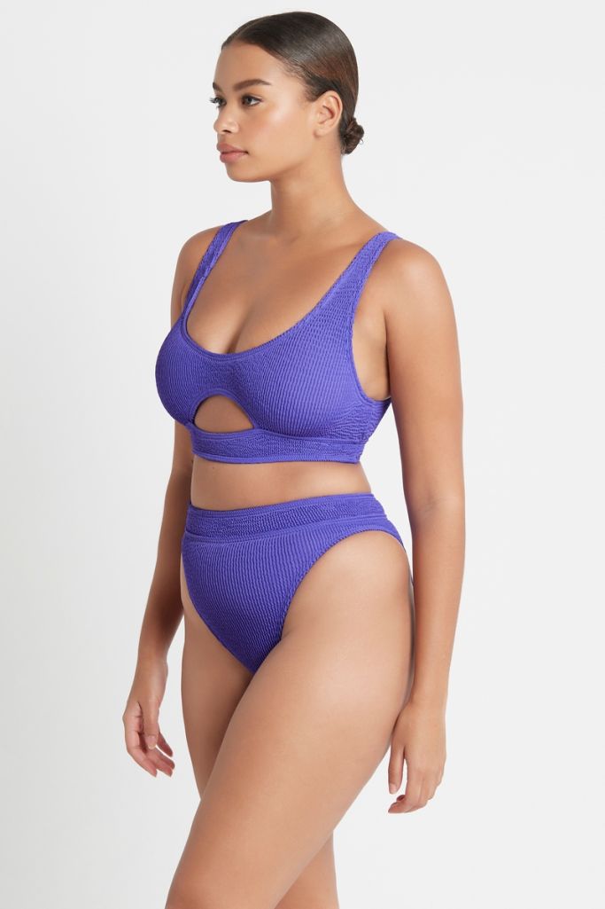 Bond-eye bound collection savannah bathing suit bottom in crinkle spandex, color is acid purple. available exclusively online at Koy Resort summer 2023 shop