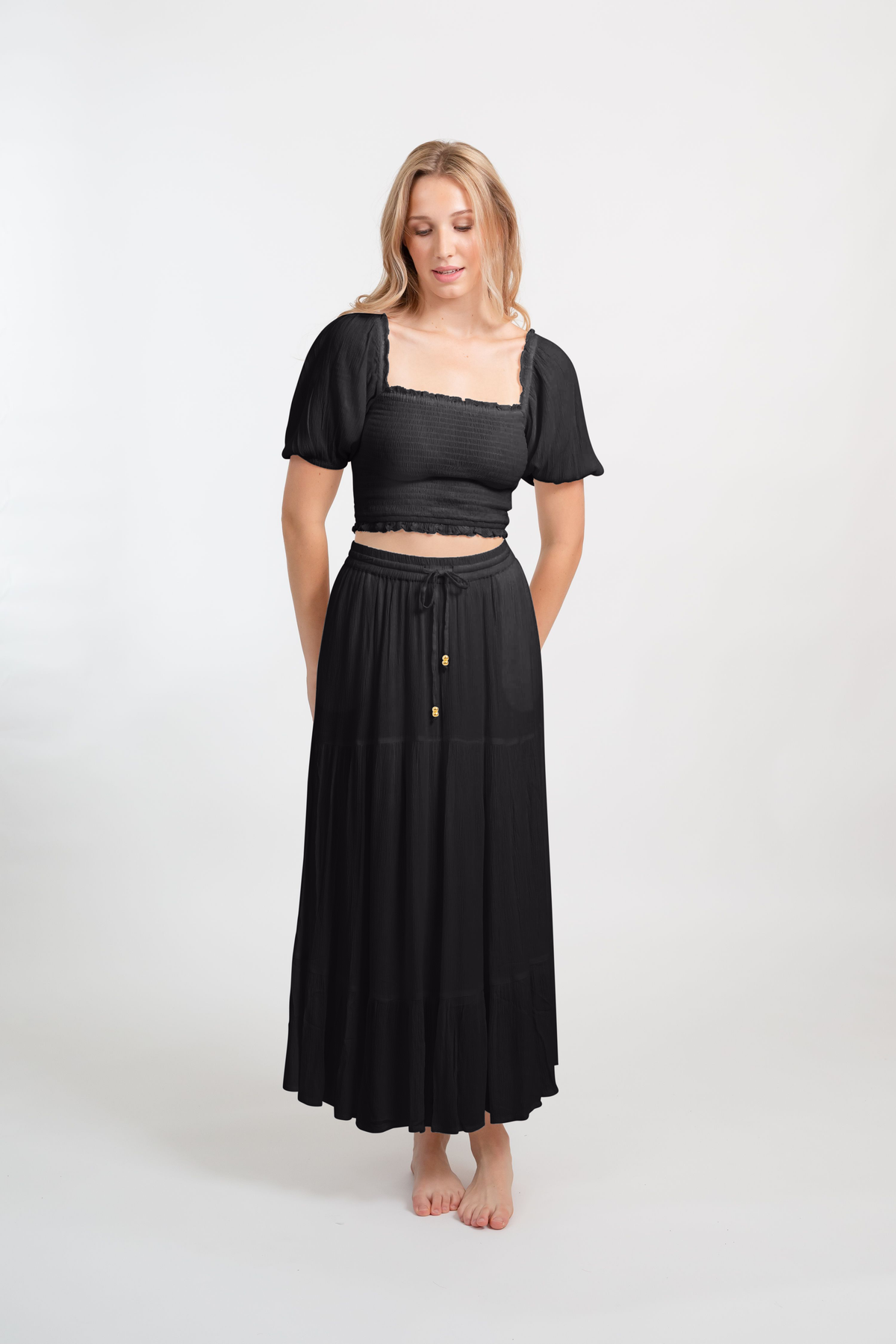 Miami Boho Smocked Crop Top with maxi skirt in black